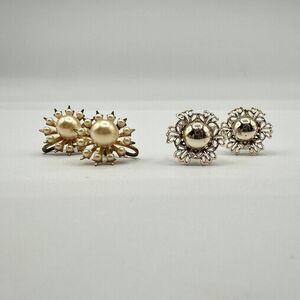 Vintage Sunburst & Floral Screw-Back Earrings-Set of 2 Pair